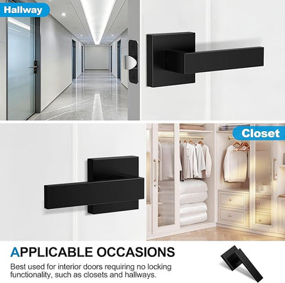1 Pack Matte Black Door Handles, Passage Door Levers for Hallway & Closet, Interior Keyless Door Knobs Heavy Duty Square Non-Locking Handlesets, Reversible for Left & Right Sided Doors