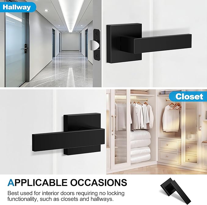3 Pack Matte Black Door Handles, Passage Door Levers for Hallway & Closet, Interior Keyless Door Knobs Heavy Duty Square Non-Locking Handlesets, Reversible for Left & Right Sided Doors