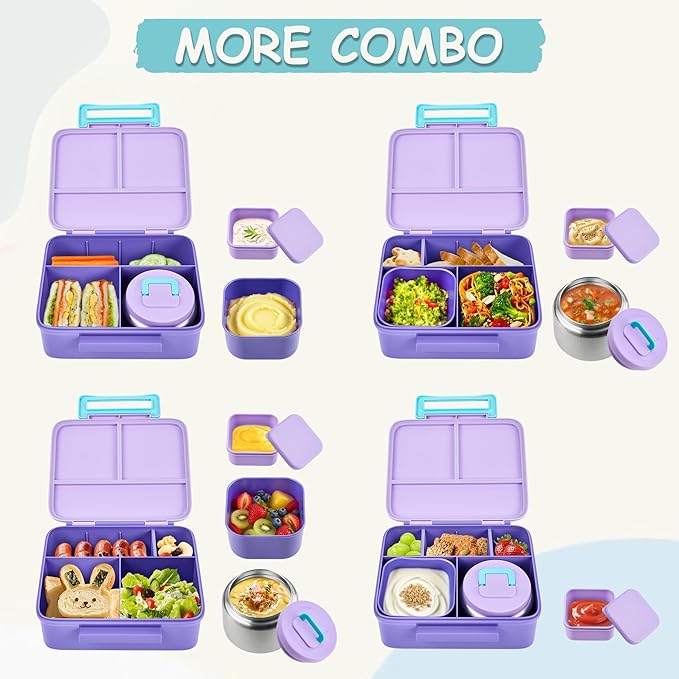 Bento Lunch Box for Kids with 8oz Soup Thermo Leak-Proof Lunch Food Containers with Snack Sauce Container for Kid Girls Boys to School,Purple
