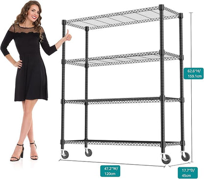 1400LBS 47.2" W 4 Tiers Storage Shelves Metal Shelving Unit with Wheels Heavy Duty Garage Shelving Adjustable Wire Shelves for Pantry,Kitchen,Garage,Basement,Black 17.7" D x 47.2" W x 62.7" H