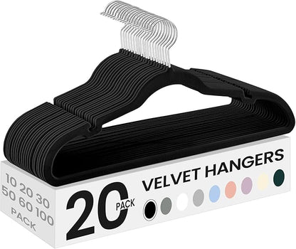 SONGMICS Velvet Hangers 20 Pack, Non-Slip Clothes Hangers with Shoulder Notches, Pants Bar, 360° Swivel Hook, Space-Saving, for Closet, Ink Black UCRF029B02