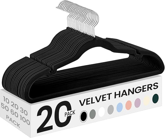 SONGMICS Velvet Hangers 20 Pack, Non-Slip Clothes Hangers with Shoulder Notches, Pants Bar, 360° Swivel Hook, Space-Saving, for Closet, Ink Black UCRF029B02