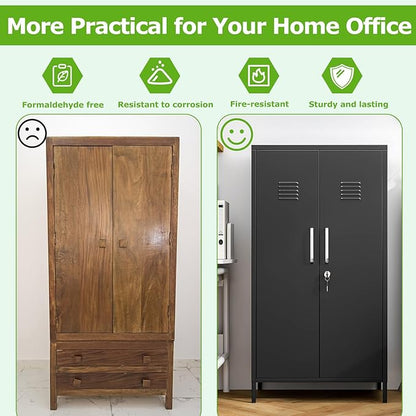 47" Metal Storage Locker, Lockable Employees Metal Locker with 2 Door and Adjustable Shelves, Steel Locker for Home, School, Office, Gym (Black)