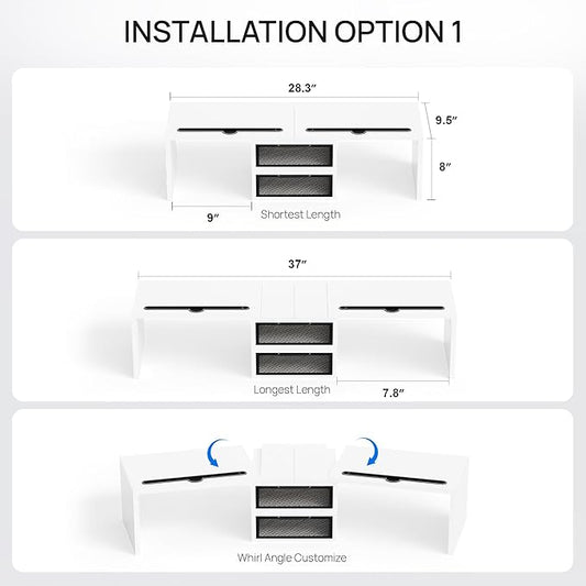 ZIFTY Dual Monitor Stand Riser for 3 Monitors, Desk Organizer with 2 Drawer and Smartphone Holder, Adjustable Length & Angle Workspace Organizers for Monitors Laptop Printer Computer, White