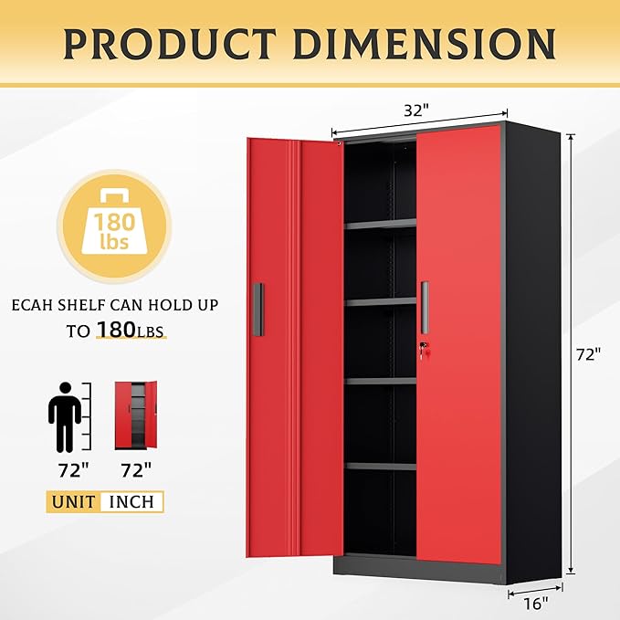 SUNCROWN 72" Metal Storage Cabinet - Heavy-Duty Metal Garage Cabinet with 4 Adjustable Shelves & 2 Doors for Tools, Office, Home, Workshop,Black & Red-Small