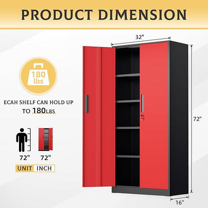SUNCROWN 72" Metal Storage Cabinet - Heavy-Duty Metal Garage Cabinet with 4 Adjustable Shelves & 2 Doors for Tools, Office, Home, Workshop,Black & Red-Small