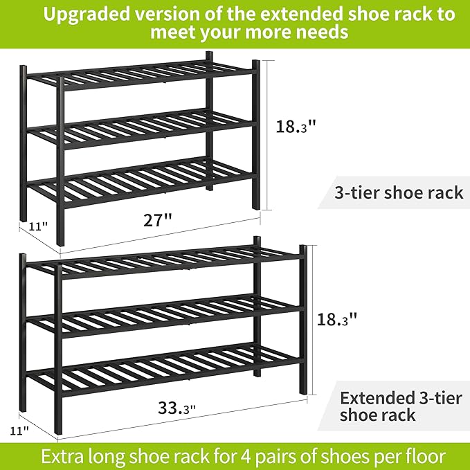 BMOSU 3-Tier Bamboo Extended Shoe Rack Premium Stackable Shoe Shelf Storage Organizer for Hallway Closet Living Room Entryway Organizer (Black Bamboo)