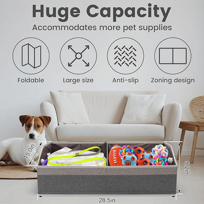 Large Dog Toy Basket With Handle, Foldable Dog Toy Box for Living Room Area, 28.5" Basket for Dog‘s Toys, Clothes, Organizers and Storage with Hard Board, Anti-slip for Pet Toys (Gray, Large)