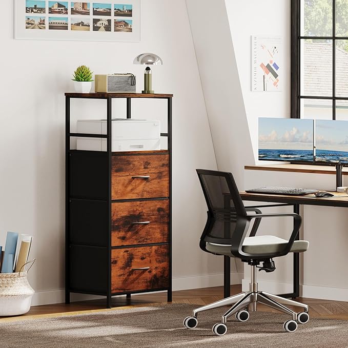 51" H Tall Mobile File Cabinet, Rolling Printer Stand with 3 Drawers, Adjustable Hanging Rails for A4/Letter/Legal Files, Fabric Vertical Filing Cabinet for Home Office, Rustic Brown