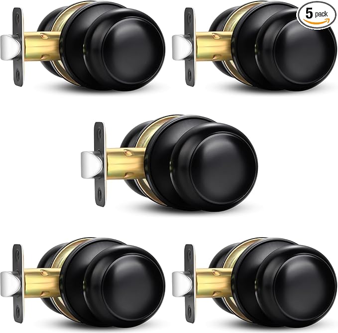 Sopoby Black Door Knob, 5 Pack Round Keyless Doorknobs Interior/Exterior Lockset, Passage Locking Door Knobs for Bedroom/Bathroom, Black Modern Design Door Hardware