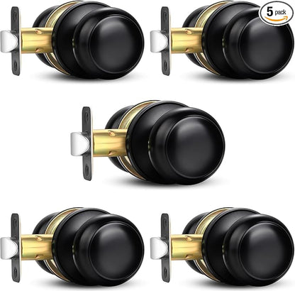 Sopoby Black Door Knob, 5 Pack Round Keyless Doorknobs Interior/Exterior Lockset, Passage Locking Door Knobs for Bedroom/Bathroom, Black Modern Design Door Hardware
