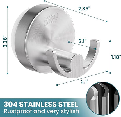 TAILI 304 Stainless Steel Bathroom Suction Hooks for Towel, Bathrobe, Loofah, Patented Strong Suction Cup Holder, No Damage Hanging Glass Shower Wall Hook, Double-Hook Sleek Design, 2 Pack, Silver