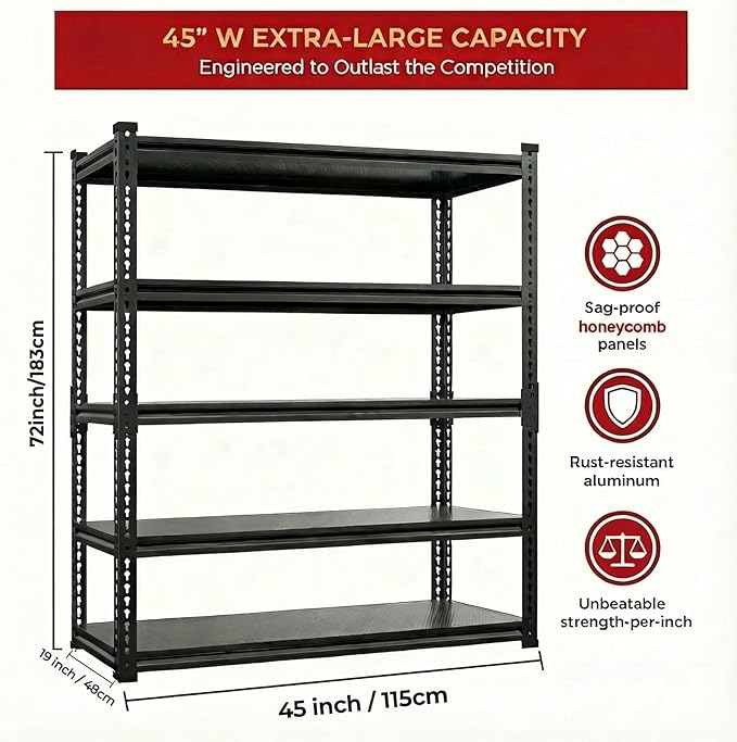 Garage Shelving Heavy Duty 3000LBS - 5-Tier Boltless Shelving Units for Garage, No Sag Garage Storage Rack for Garage Basement/Warehouse (72" H×45.2" W×18.9" D)