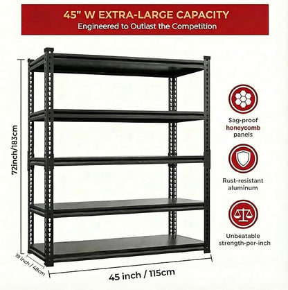 Garage Shelving Heavy Duty 3000LBS - 5-Tier Boltless Shelving Units for Garage, No Sag Garage Storage Rack for Garage Basement/Warehouse (72" H×45.2" W×18.9" D)