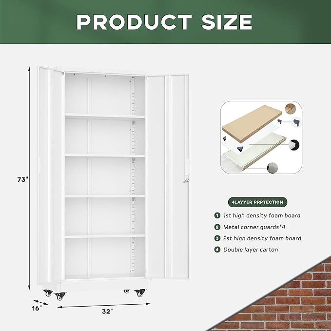 Greenvelly 73" Rolling Storage Cabinet,White Metal Garage Cabinet with Locking Doors and 4 Adjustable Shelves for Home,Kitchen,Office,Warehouse(32" W x 16" D,Wheels)
