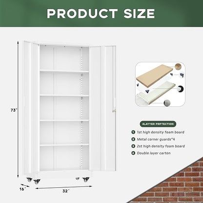 Greenvelly 73" Rolling Storage Cabinet,White Metal Garage Cabinet with Locking Doors and 4 Adjustable Shelves for Home,Kitchen,Office,Warehouse(32" W x 16" D,Wheels)