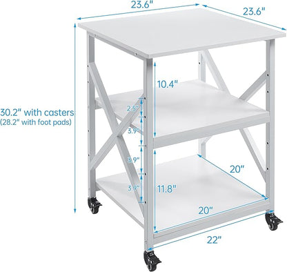 Large Printer Stand with Height Adjustable Storage Shelf, 23.6 x 23.6 Inches Square Printer Table with Industrial Wheels, Multi-use 3 Tier Rolling Printer Cart for Home Office - White