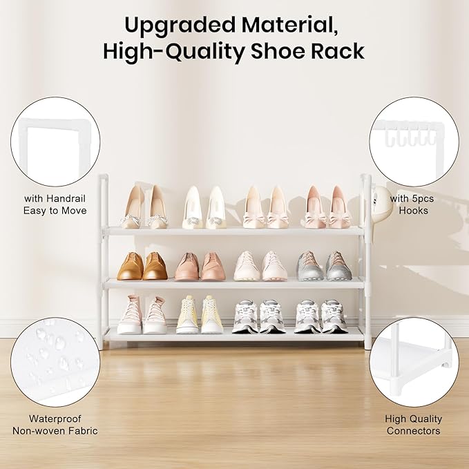 Shoe Rack for Closet Shoe Organizer Space Saver Storage for 12-15 Pair Shoe Shelf with Hook Free Standing 3 Tier Shoe Rack Organizer for Entryway, Small Spaces, White