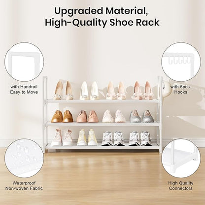 Shoe Rack for Closet Shoe Organizer Space Saver Storage for 12-15 Pair Shoe Shelf with Hook Free Standing 3 Tier Shoe Rack Organizer for Entryway, Small Spaces, White