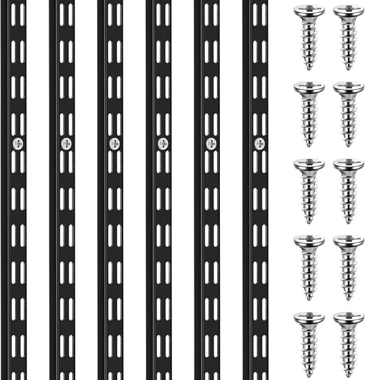 6 Pcs Dual Track Upright Wall Shelving System Heavy Duty Support System Twin Slot Shelf Rail Shelf Standards for Pantries Linen Closets Laundry Rooms(Black,47.5 Inch)
