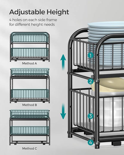 SONGMICS 2-Tier Pull Out Cabinet Organizers, Under Sink Organizer, Bathroom Organizer and Storage, Sliding Basket Drawers, Stackable for Kitchen, Bathroom, Ink Black UKCS017B01