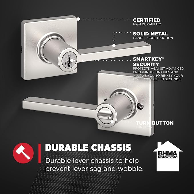 Kwikset Casey Entry Door Handle with Lock and Key, Secure Keyed Reversible Lever Exterior, For Front Entrance and Bedrooms, Satin Nickel , Pick Resistant Smartkey Rekey Security and Microban