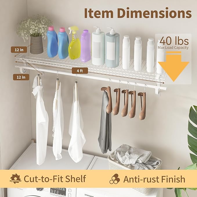 Closet Shelves Wall Mounted with Hanging Rod, 4 Pack 4 ft x 12 in White Wire Shelving Kit, Metal Wall Shelf Organizer for Home, Pantry, Laundry Room Storage