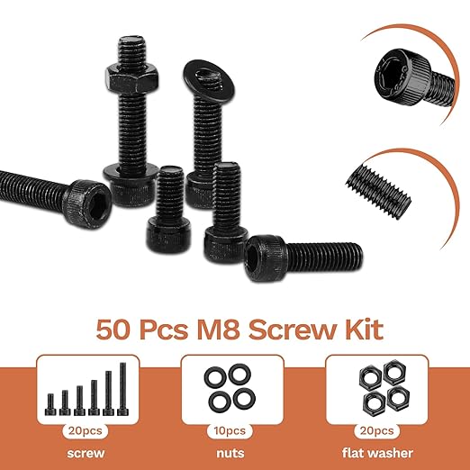 50 Pcs M8 Bolts Kit M8x 16/20/25/30/40/50 mm M8 Screw Kits, 12.9 Alloy Steel Black Zinc Plated Hex Socket Head Screws Nuts Bolts and Washers Set