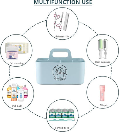 5-Compartment Blue Dog Stuff Storage Caddy, Portable Pet Grooming Organizer with Handle, 9.8" L x 6.1" W x 4.4" H