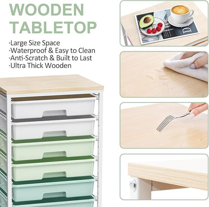Rolling Storage Utility Cart Organizers with 8 Drawers and Wooden Tabletop for Living Room,Office,Classroom,Craft Room,Bedroom,Dorm,Green