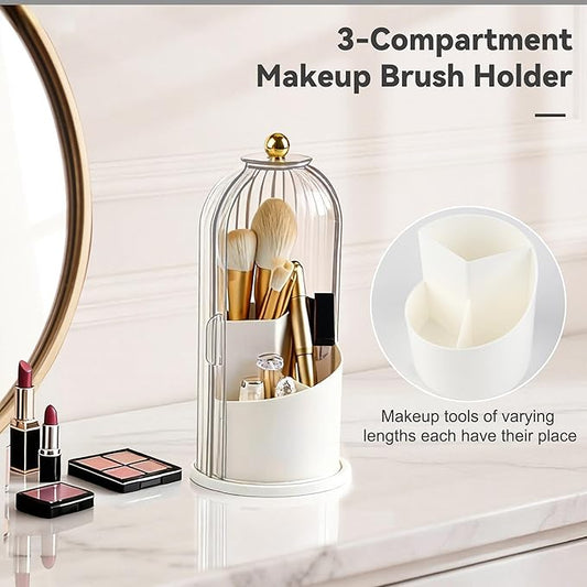 360° Rotating Makeup Brush Holder with Lid, Waterproof Three-Compartment Makeup Organizer, 180° Side-Pull Door Desk Organizer, Dustproof Brush Holder for Vanity and Bathroom (Transparent)