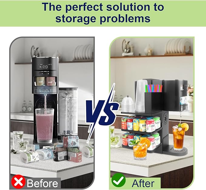 4-in-1 Flavor Pods Holder for Ninja Thirsti WC1001 | 3-Tier Wood Drink Station Accessory Organizer Holds 20 Flavor Pods with Cup, Lid & Straw Dispenser | Syrup Caddy for Ninja Soda Maker (Shelf Only)