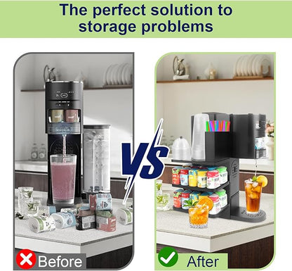 4-in-1 Flavor Pods Holder for Ninja Thirsti WC1001 | 3-Tier Wood Drink Station Accessory Organizer Holds 20 Flavor Pods with Cup, Lid & Straw Dispenser | Syrup Caddy for Ninja Soda Maker (Shelf Only)