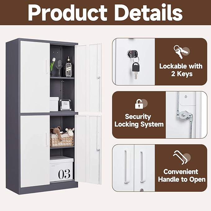 Metal Storage Cabinets with Locking Doors,71" Tall Garage Cabinet with 3 Adjustable Shelves, Lockable Steel Office Storage Caninet Tool Cabnet for Home Office,Garage, Pantry