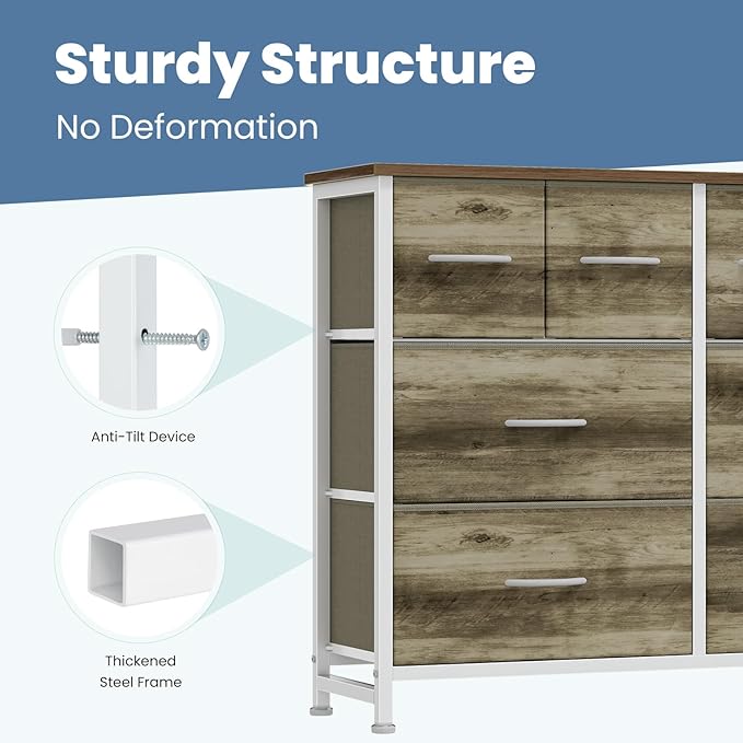 DUMOS TV Stand, Dresser with 8 Fabric Drawers, Spacious Storage Tower for Closet, TV Stand with Wood Top and Mental Frame, Storage Unit for Living Rooms, Bedroom and Entryway, Oak