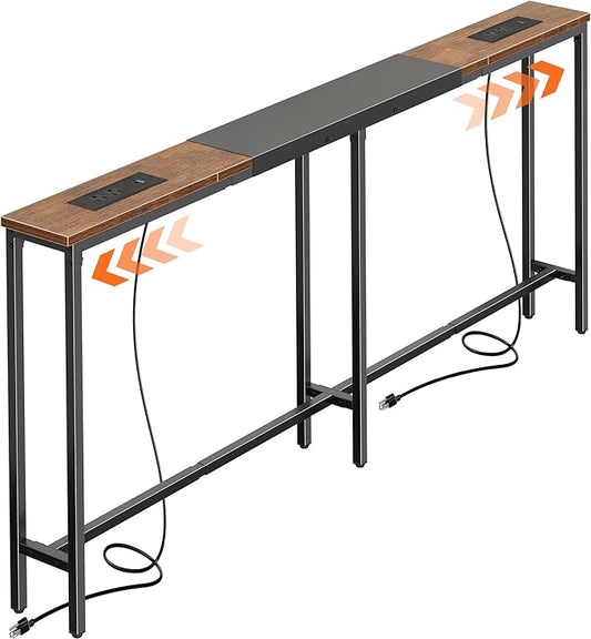 Huuger Narrow Sofa Table with 2 Power Outlets, 63-86.6 Inch Adjustable Length, Behind The Couch Table with USB-C Ports, Long Entryway Console Table, Anti-tip Kit, for Hallway Entry, Rustic Brown