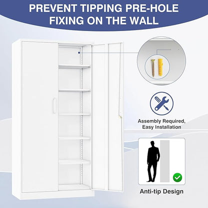 Metal Storage Cabinet with Lock,Tall White File Cabinet with 2 Doors and 5 Adjustable Shelves,Steel Storage Cabinets for Garage,Home Office,Pantry,School,Hospital