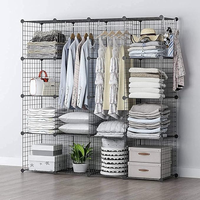 YOZO Wire Cube Storage Metal Closet Wardrobe Room Organizaion armoire Pantry Cabinet Book Shelf Organizer Rack MultiFuncation Cubby Shelving Unit, 16 Cubes, Black