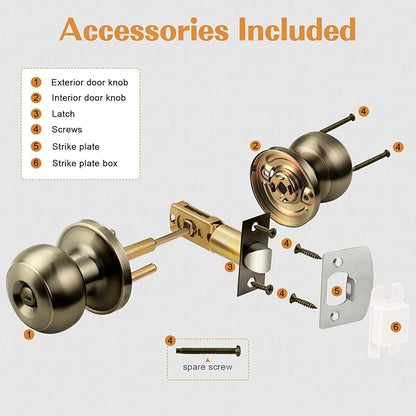 Probrico Bed/Bath Keyless Privacy Interior Door Knobs, Antique Brass Door Knobs 6 Pack