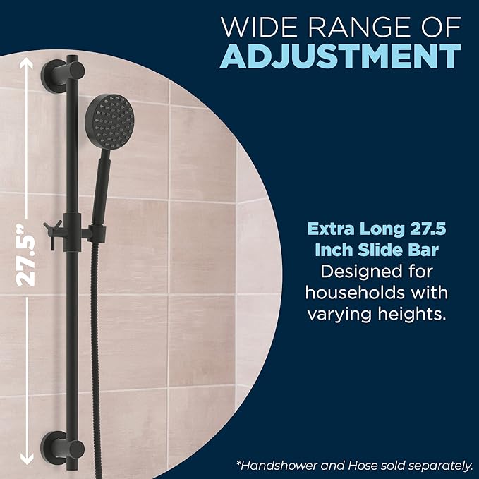 HammerHead Showers® Solid Metal 27.5 Inch Shower Slide Bar for Hand Held Shower Heads, Matte Black | Adjustable Height Showerhead with Hose Rail System | Easily Adjust Height & Angle of Handshower