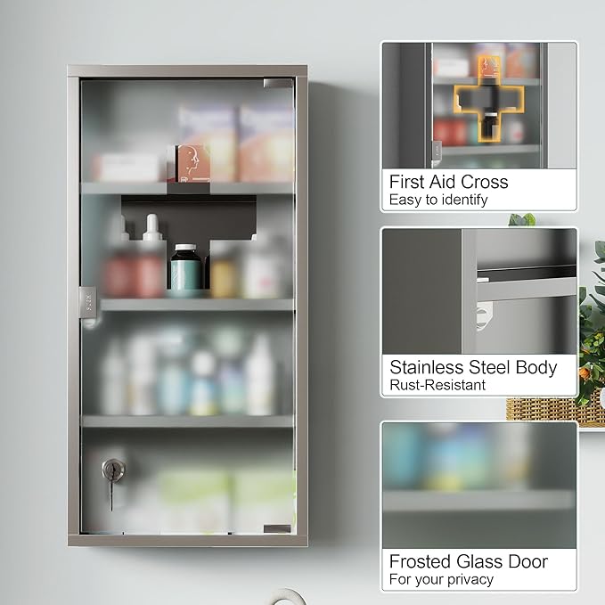 HOMCOM Wall Mounted Medicine Cabinet, Locking Wall Cabinet with 4 Tier Shelves, Stainless Steel Frame and Glass Door, Lockable with 2 Keys, Silver, 12" x 24"