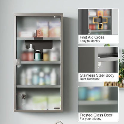 HOMCOM Wall Mounted Medicine Cabinet, Locking Wall Cabinet with 4 Tier Shelves, Stainless Steel Frame and Glass Door, Lockable with 2 Keys, Silver, 12" x 24"