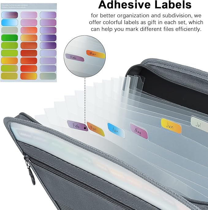 NAFY Expanding File Folder, 13 Pockets Document Organizer with Zipper, A4 Letter Size Portable Accordion Expanding File Folders with 27pcs Multicolor Labels for Home Office School Supplies (Black)
