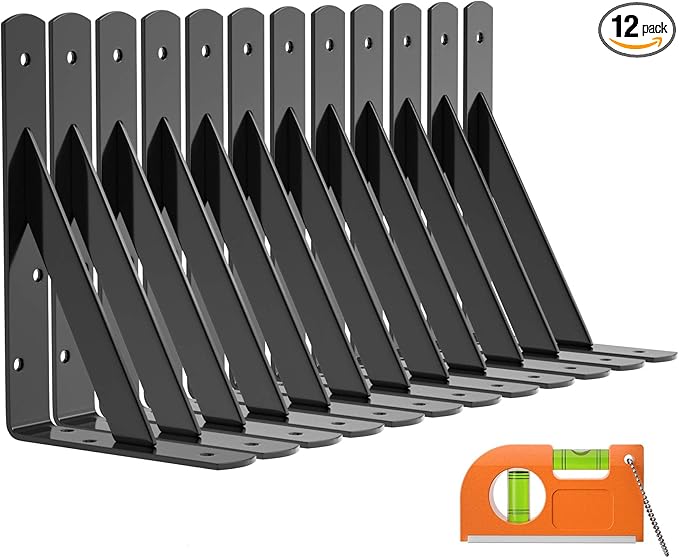 LuckIn 12-Pack Heavy Duty Shelf Bracket 8 Inch, Wall Fit for 8 10 Inch Floating Shelves, L Brackets with 90 Degree Triangle, 250 LBS Max Load, Mounting Hardware Included, Black
