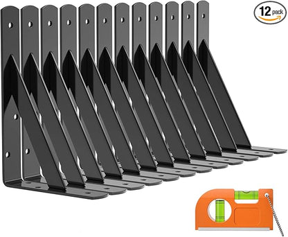 LuckIn 12-Pack Heavy Duty Shelf Bracket 8 Inch, Wall Fit for 8 10 Inch Floating Shelves, L Brackets with 90 Degree Triangle, 250 LBS Max Load, Mounting Hardware Included, Black