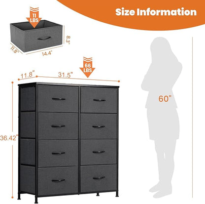 Sweetcrispy Dresser for Bedroom, Fabric Dresser with 8 Drawers, Chest of Drawers for Closet, Living Room, Sturdy Steel Frame, Wooden Top, Easy Pull Handle, Grey