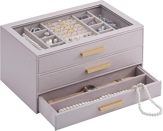 Lolalet Jewelry Box Organizer, 3-Layer Jewelry Organizers and Storage Case with Glass Lid, Ring Earring Bracelet Necklace Holder Organizer, Birthday Valentine Gifts for Women Girls -3Layer, HazePurple