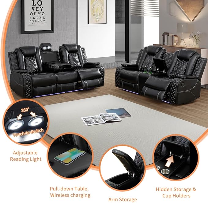 Living Room Furniture Set, Power Reclining Sofa Set, Black Leather 3-Seated Recliner Couch with Drop-Down Table, Recliner Sofa with Storage Console/Cup Holder for Living Room/Apt/Office