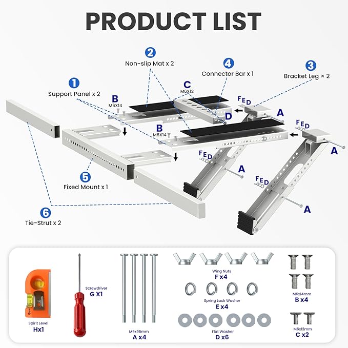 No Drill Window AC Support Bracket: Adjustable Air Conditioner Support Bracket, Heavy Duty, Fits Single & Double-Hung Windows, Universal Units for 5000-24000 BTU, Up to 350 lbs