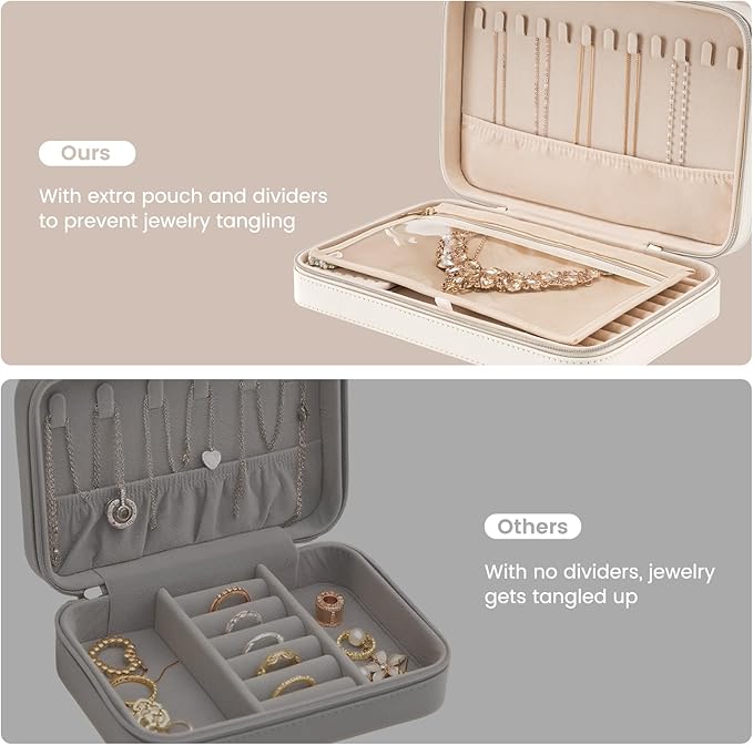 Lolalet Travel Jewelry Case for Women Girls, Travel Jewelry Organizer Box with Mirror & Clear Storage Bag, Small Portable Earring Necklace Bracelet Ring Case, Birthday Valentine Gifts -Large, White